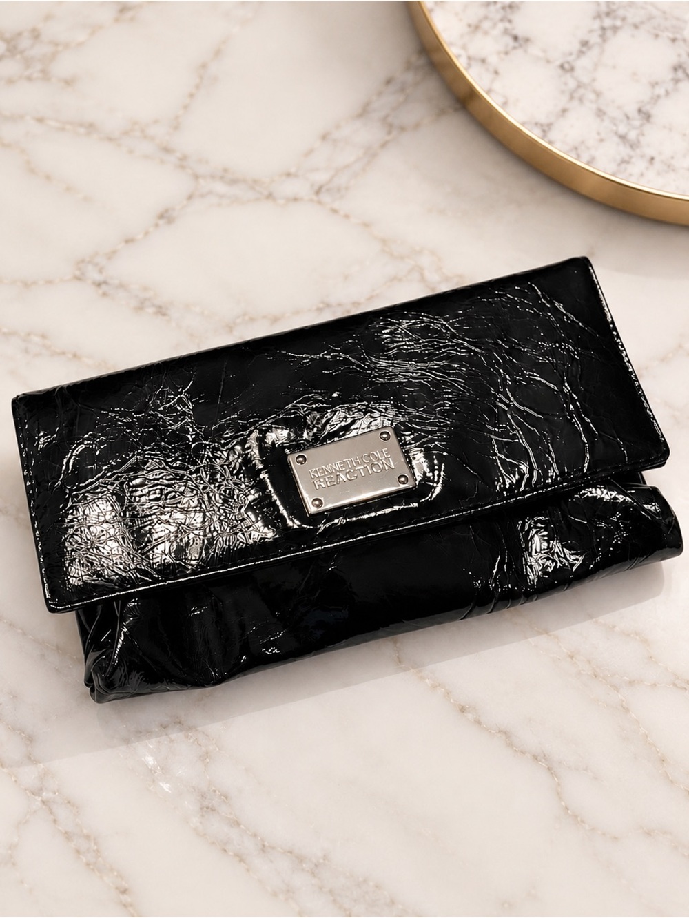 KENNETH COLE REACTION Black Patent Foldover Clutch Wallet Kiss Lock Y2K